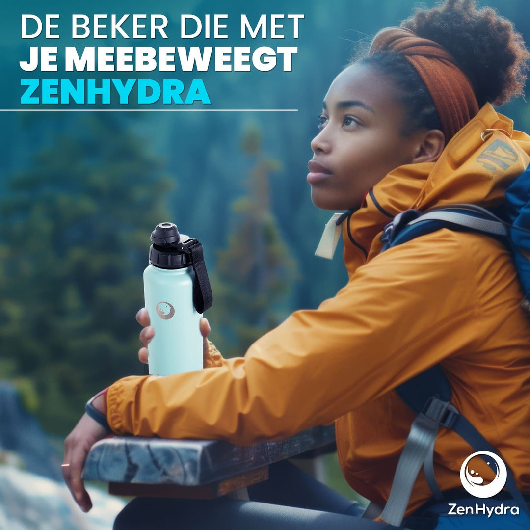 Vrouw met ZenHydra drinkbeker met een beekje