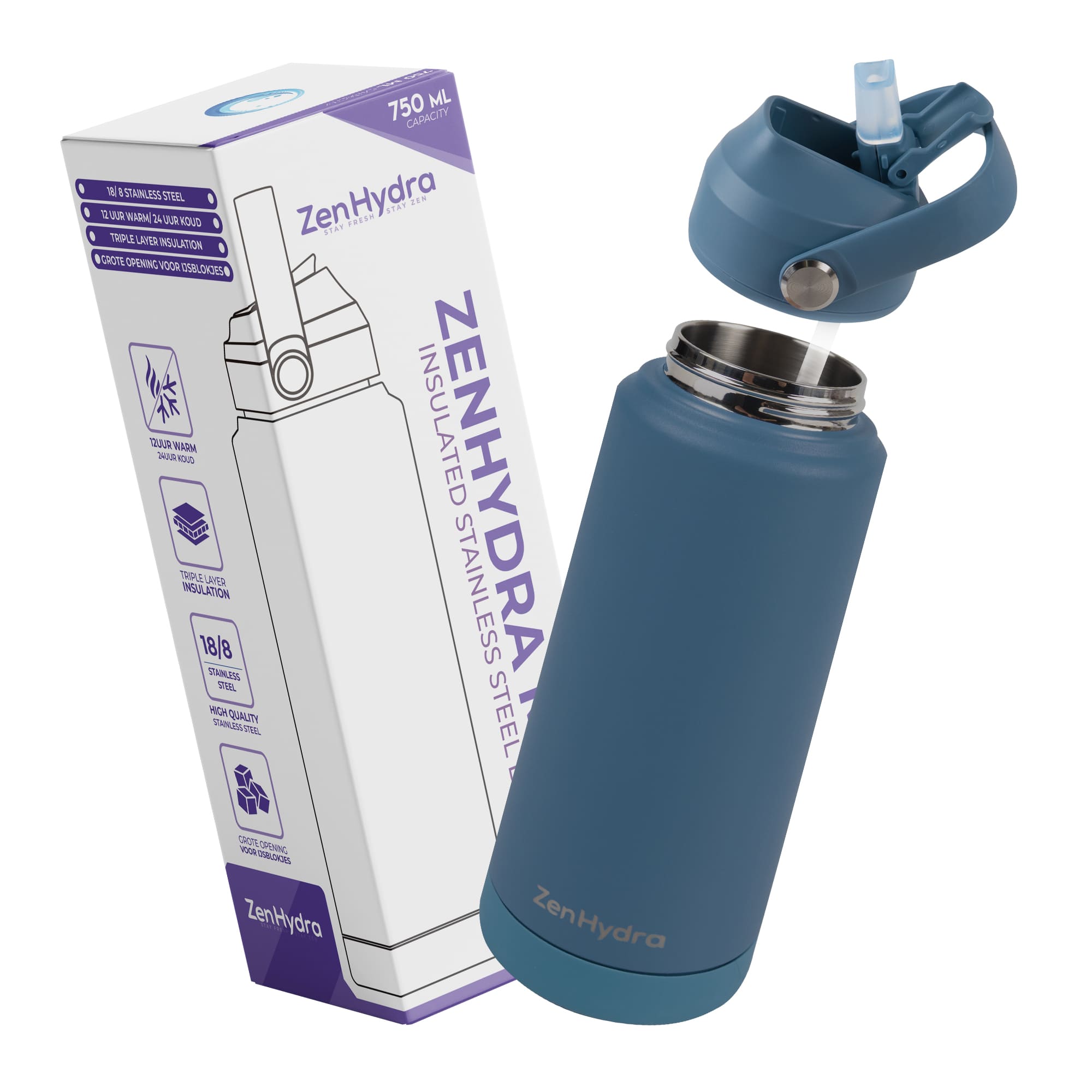 750ml blauwe fles met doos