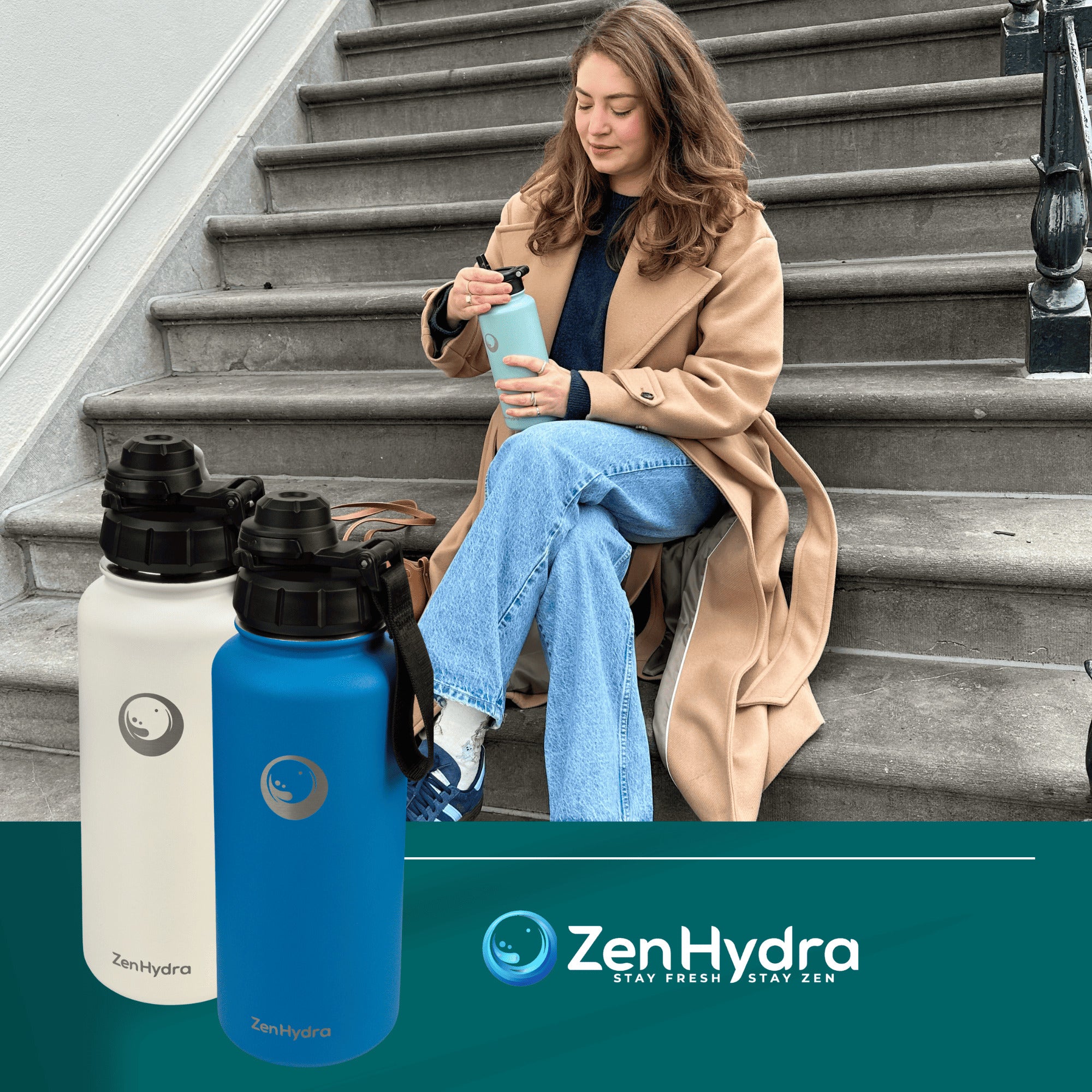 vrouw op trap met 1 liter zenhydra