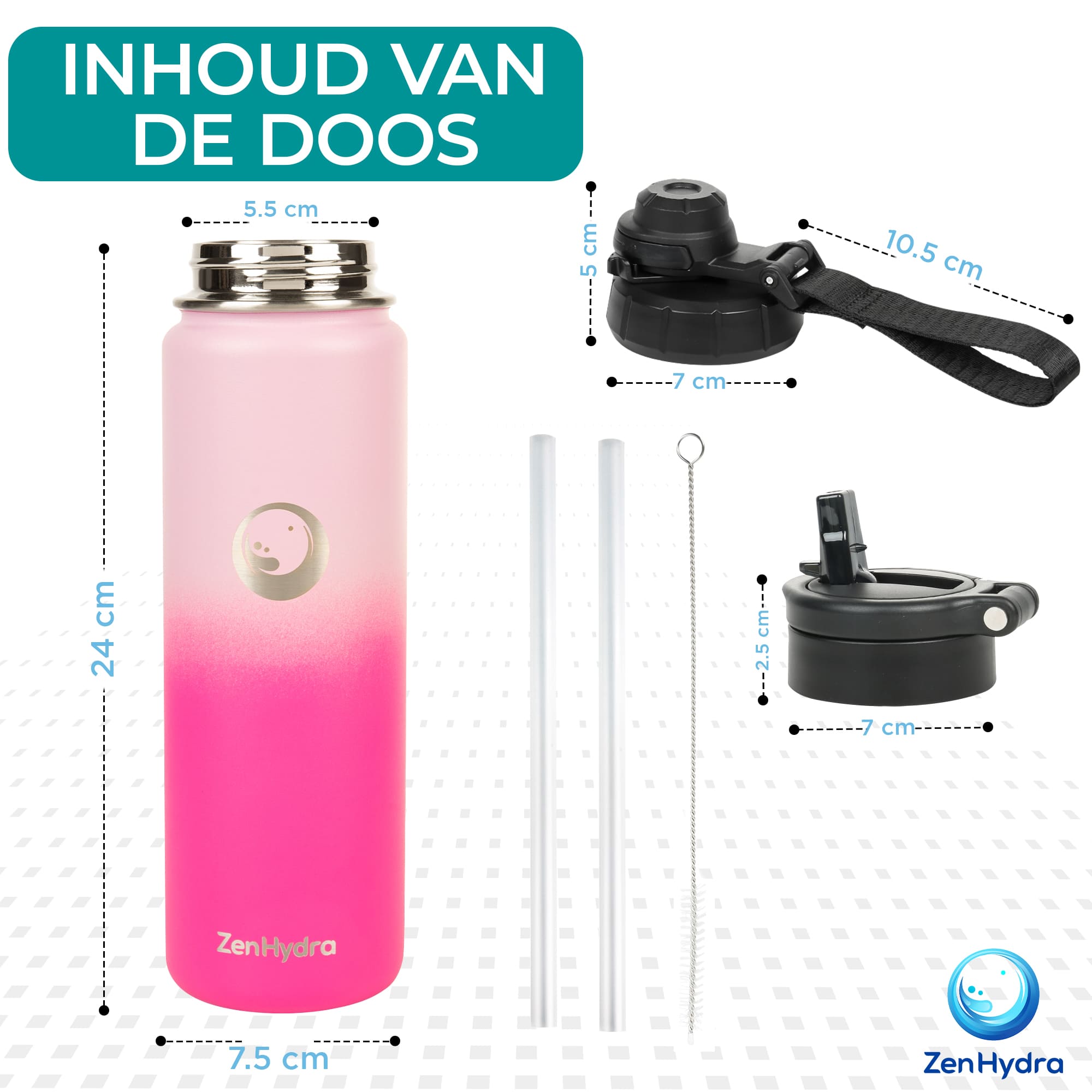 Afmetingen van de fles roze 650 ml