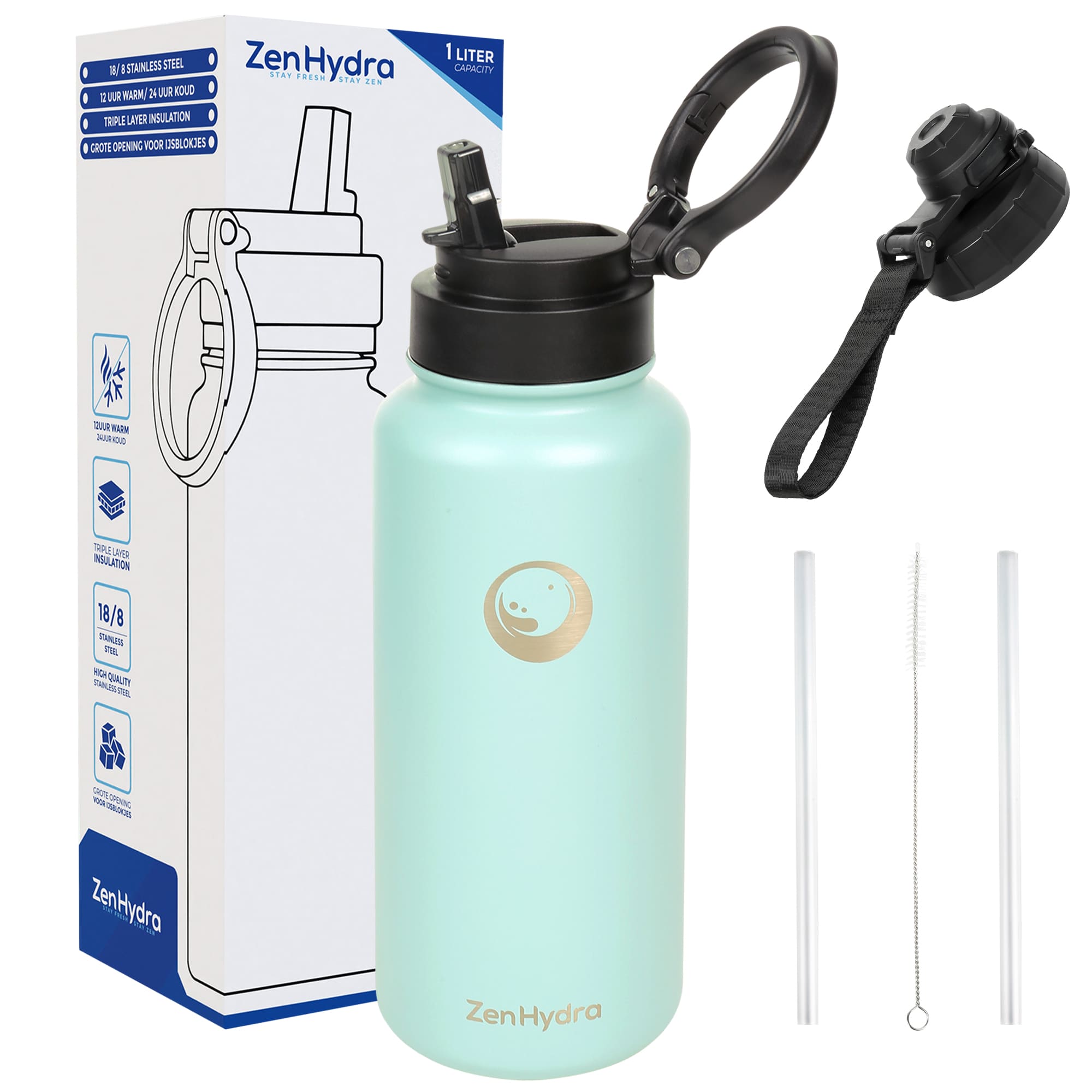 Zenhydra-groene-fles-compleet-alles-2-rietjes-2-doppen