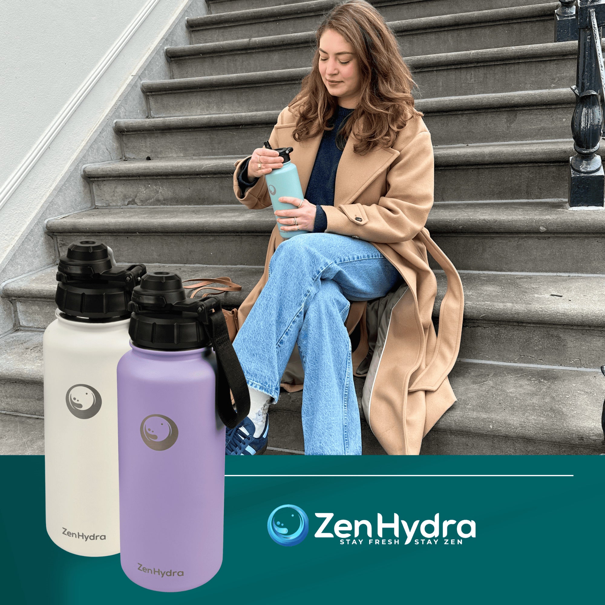Vrouw op trap met zenhydra fles